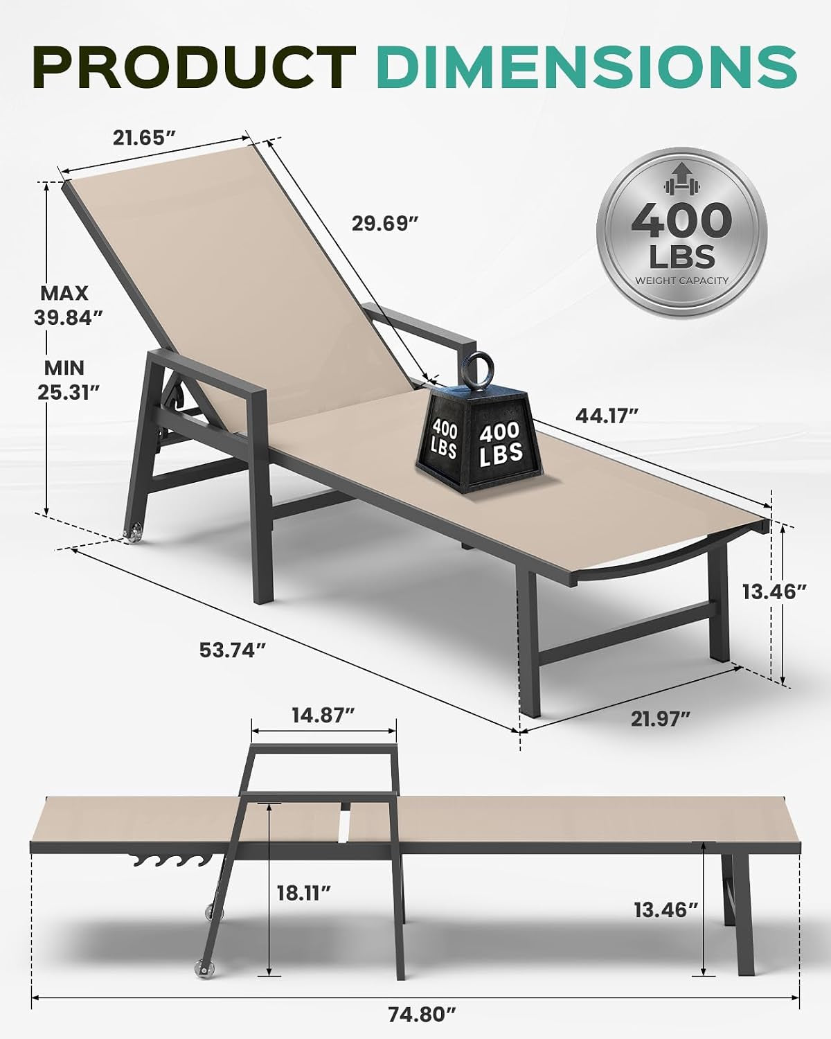 Rendered khaki chaise lounge diagram showing product dimensions and a weight icon