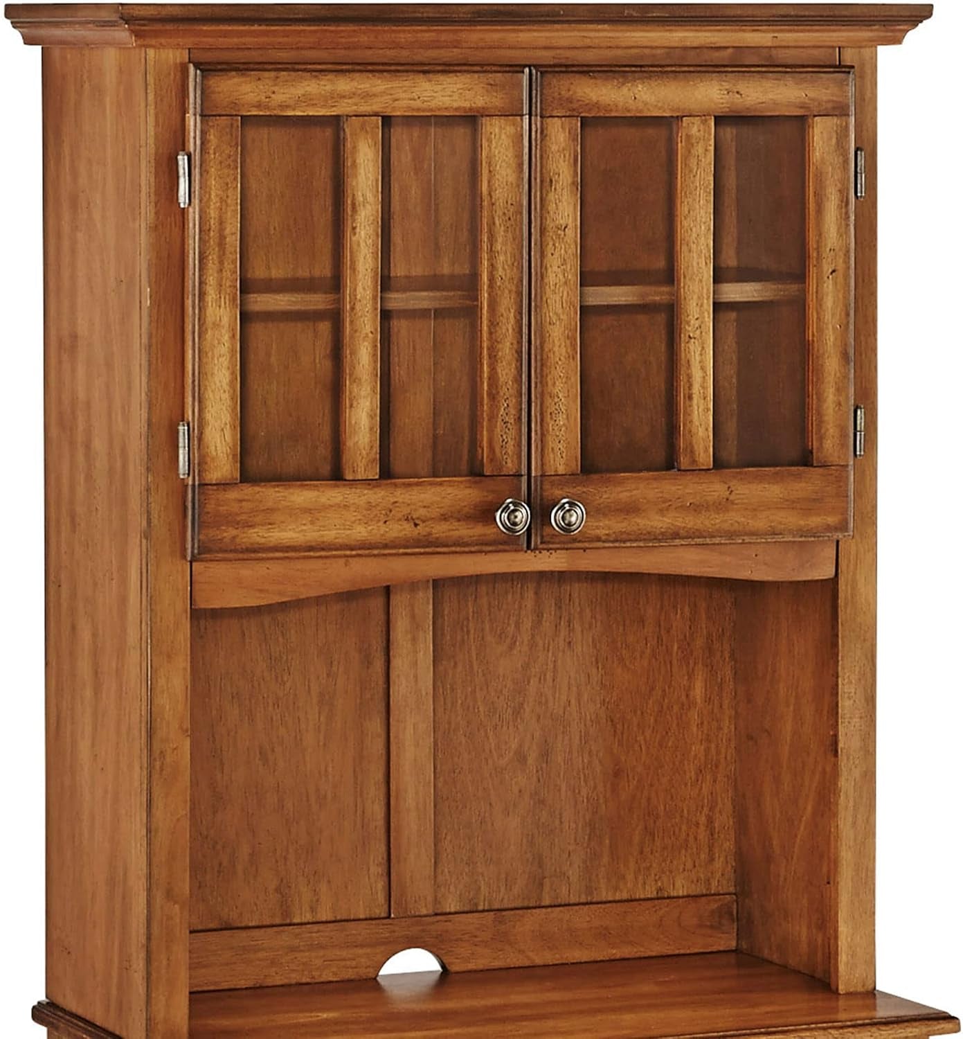 Hutch open counter area and matching top showing interior adjustable shelf and a small round cutout at the back of the shelf