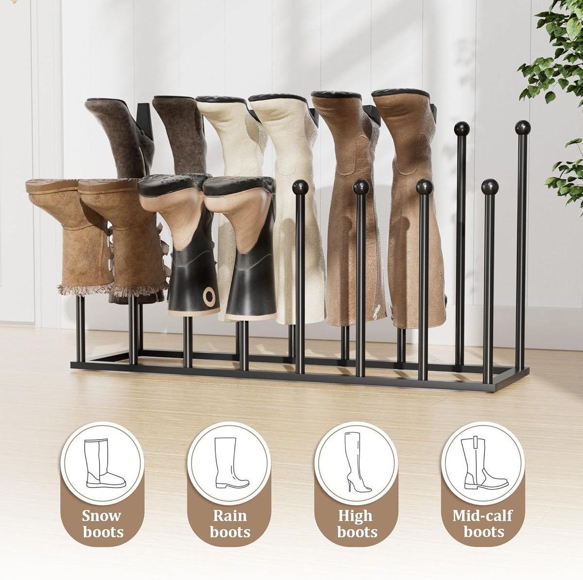 Black boot rack holding mixed boot types with illustrative icons for snow boots, rain boots, and high boots