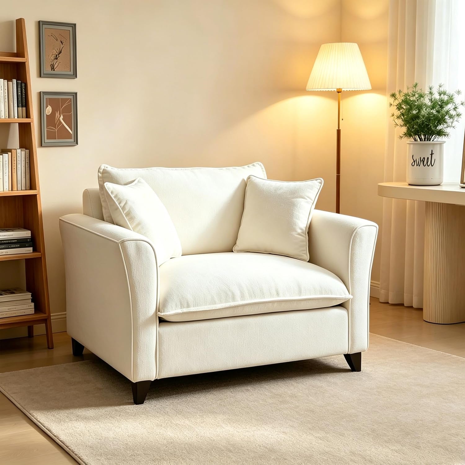 Cream chenille oversized accent chair in a softly lit living room staged with floor lamp and bookshelf, angled front view