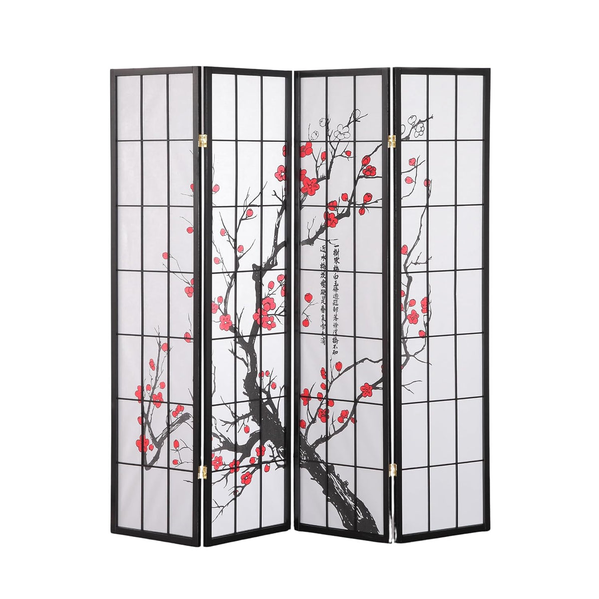 Studio front view of the four-panel screen showing the full plum branch design across white panels with black grid and brass‑