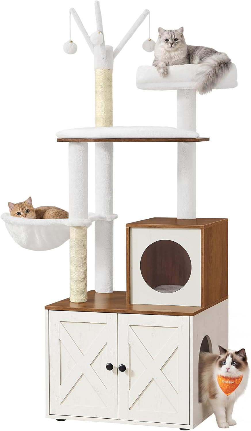 Two-tone cat tower with white doors, wood top surfaces and cats lounging in the hammock and cubbies.