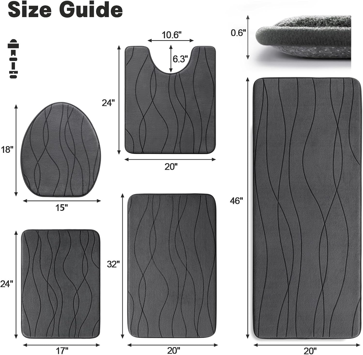 Graphic size guide showing measurements for each dark grey rug piece including U-shaped, oval, and rectangular mats