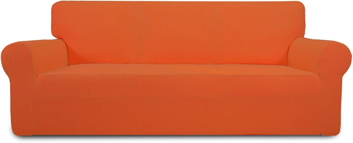 Bright orange loveseat cover shown straight-on with smooth seat area and rolled arms visible