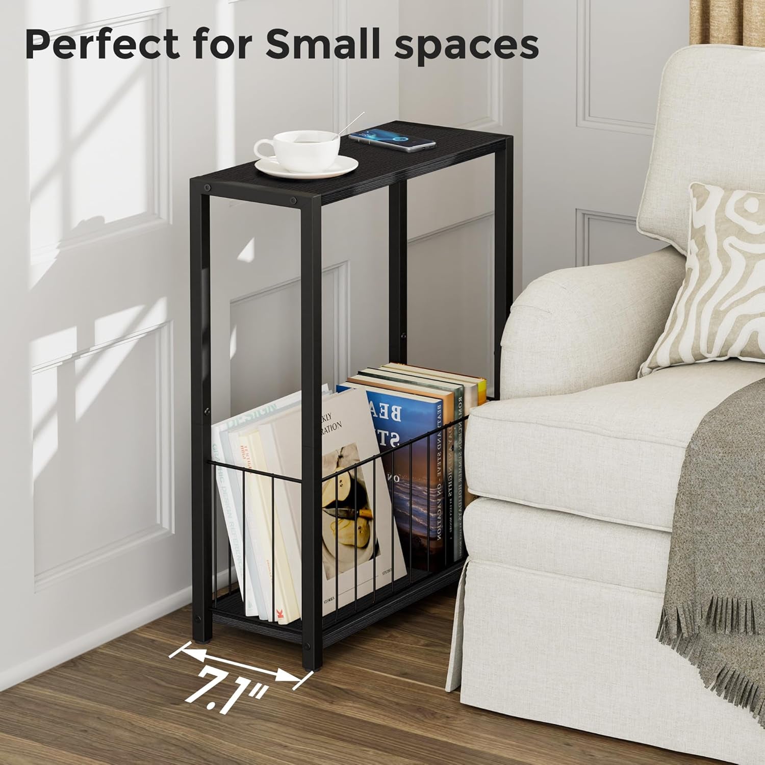 Thin black side table staged beside a sofa showing 7.1" depth measurement graphic