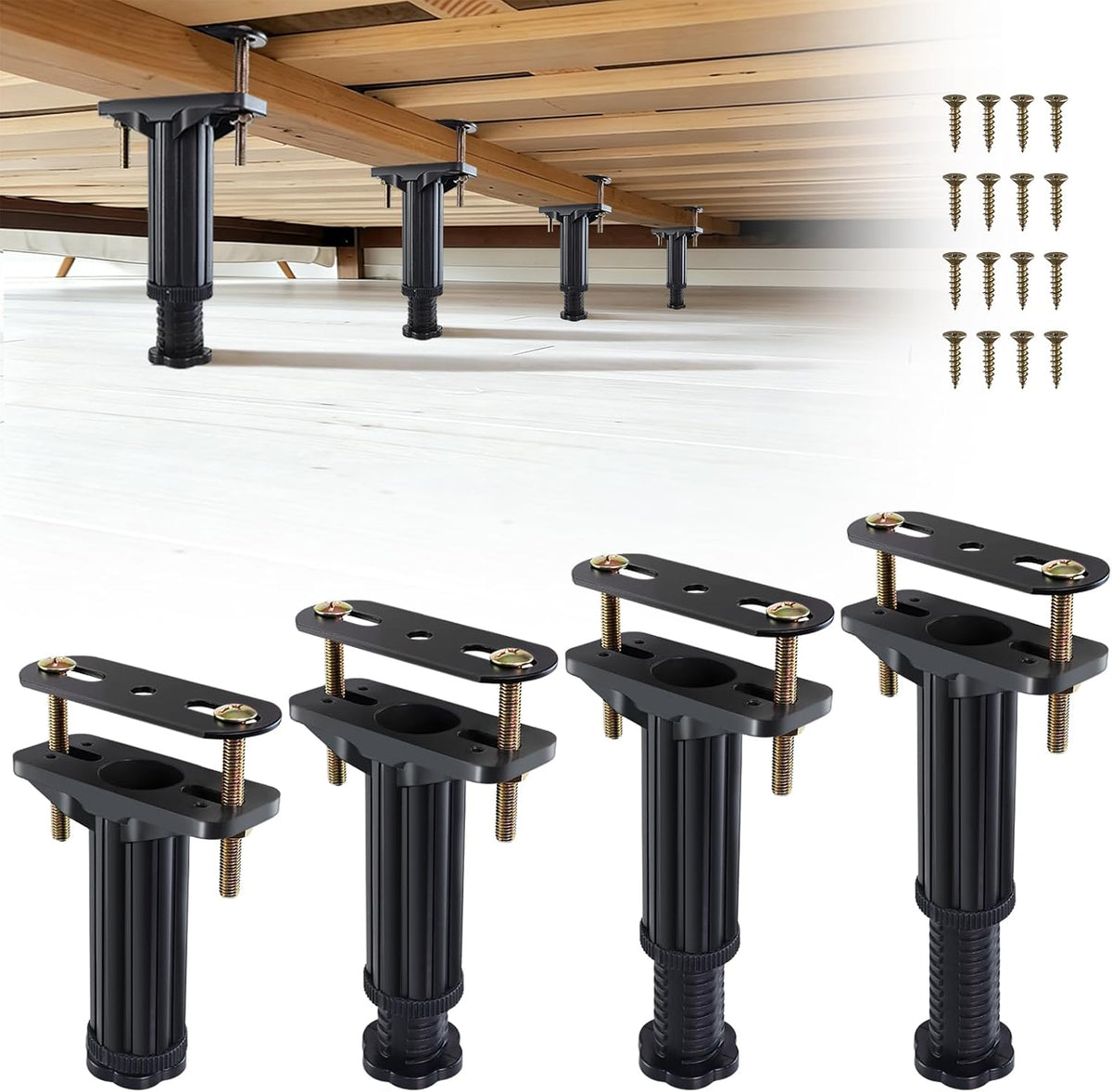 Under-bed view with four black adjustable support legs installed and close-up of matching leg pieces and screws