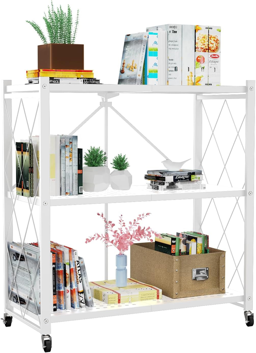 White 4-tier metal shelf shown front-on with books, small plants and a fabric storage box on the shelves