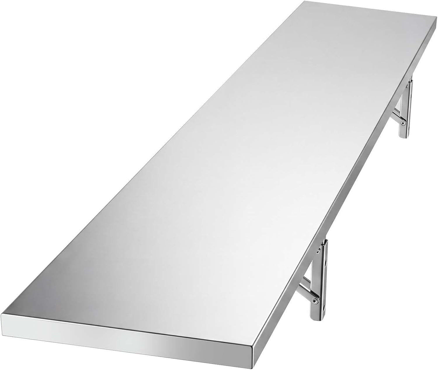 Angled view of a long stainless steel wall shelf with two foldable mounting brackets attached underneath.