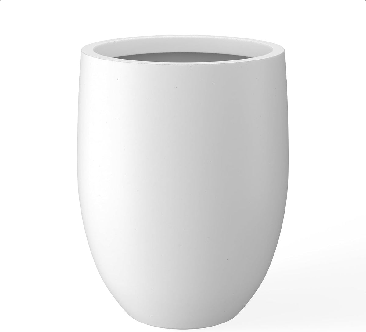 Three-quarter side view of a tall white planter with a smooth finish