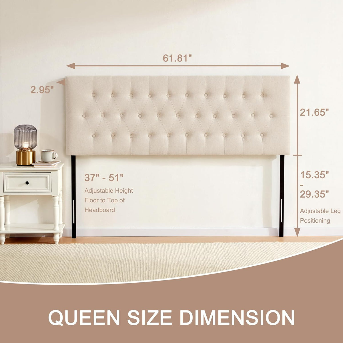 Queen-size headboard dimension graphic showing 61.81 inch width and 37–51 inch adjustable height with leg positions indicated