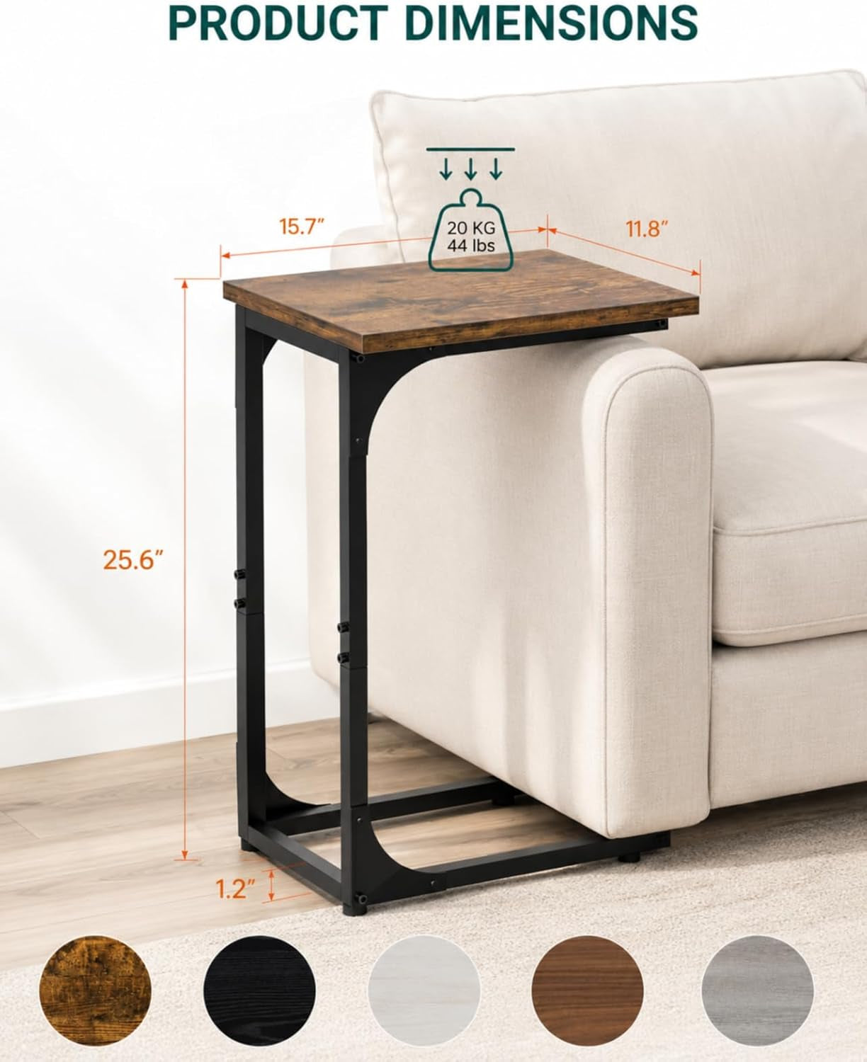Dimension diagram showing tabletop 15.7 x 11.8 inches, 25.6 inch height and 44 lb capacity beside a sofa