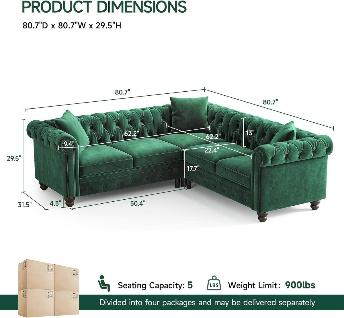 Dimension diagram and measurements overlaid on green velvet L-shaped sectional showing overall sizes