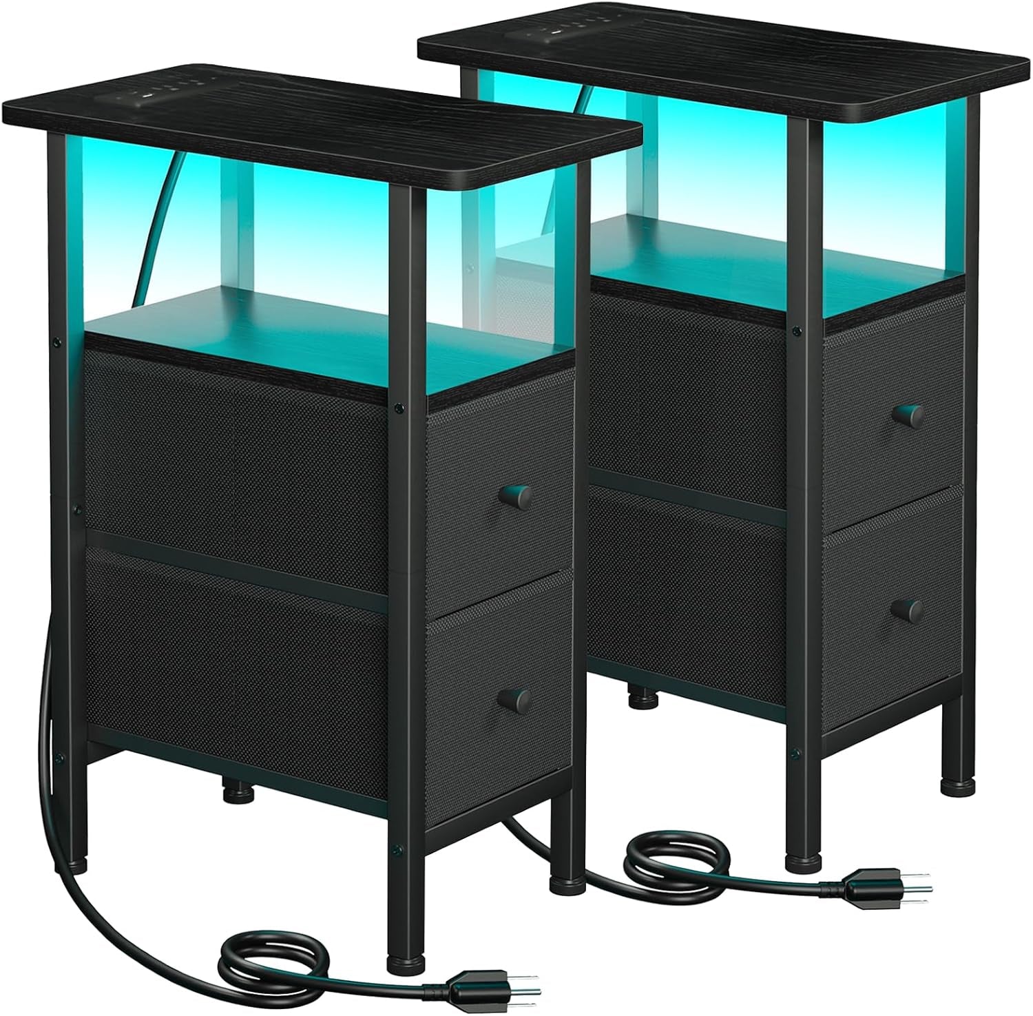 Set of two black narrow end tables with fabric drawers, black metal frame and visible plugs.