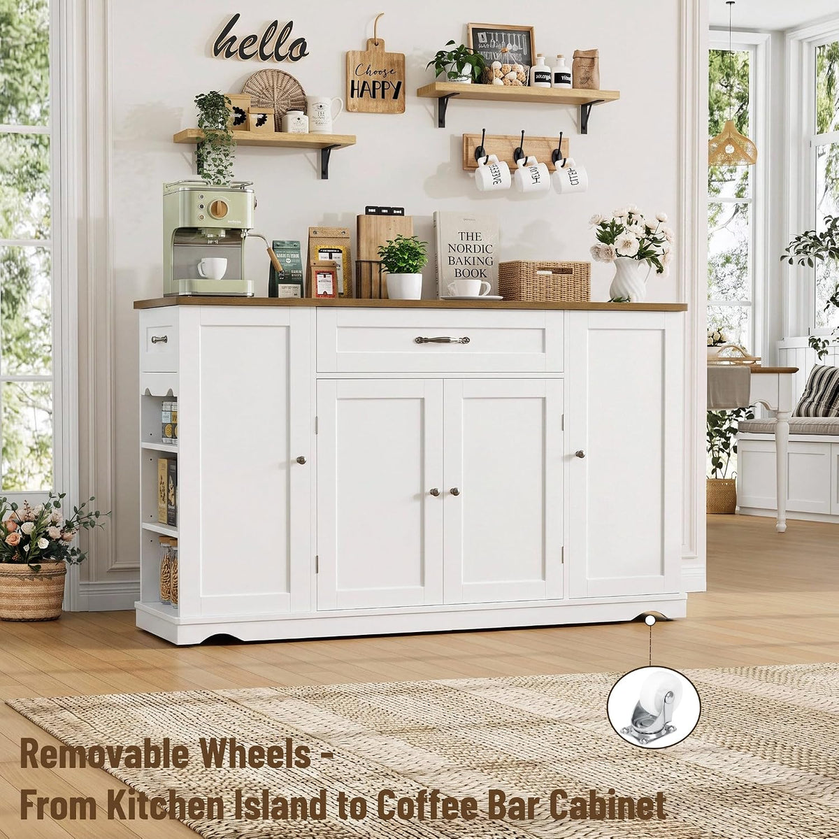 Front-facing view of the island staged against a wall with decorative shelves and removable wheel inset