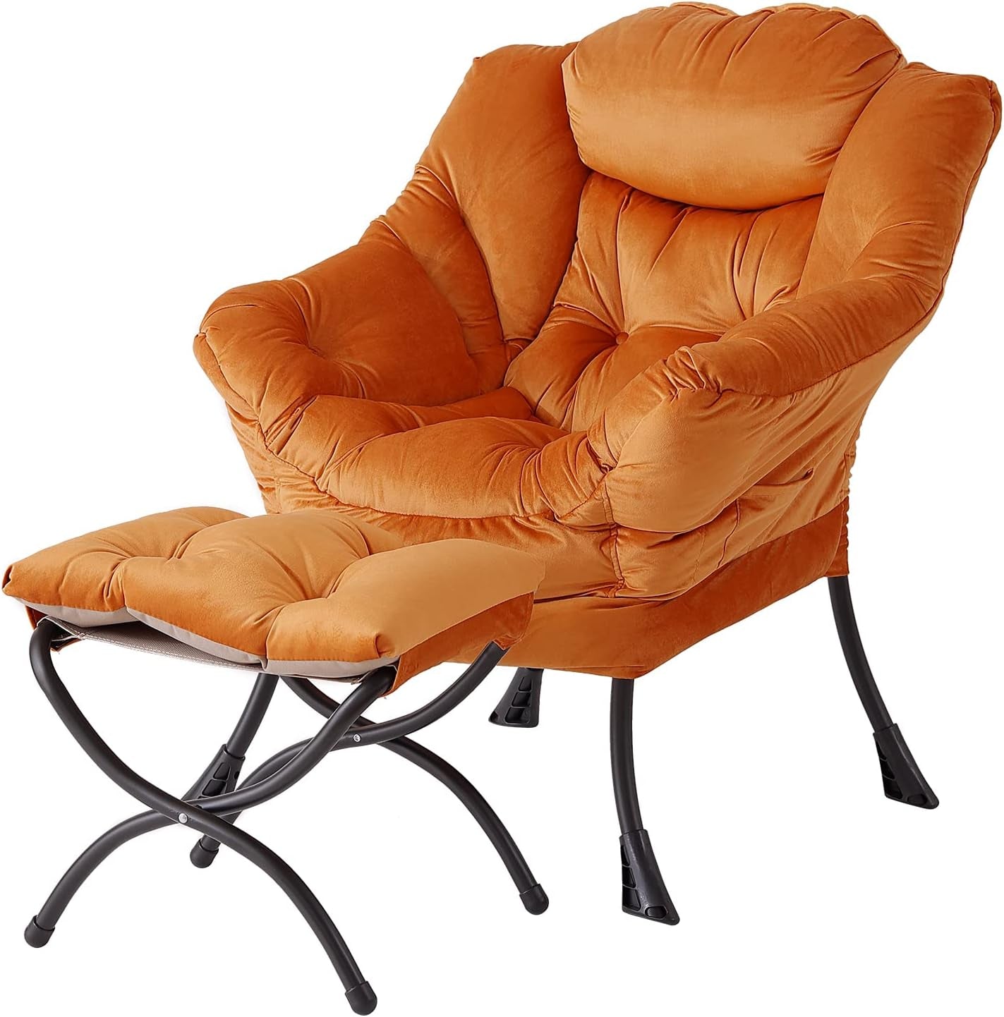 Orange tufted lounge chair with matching cushioned ottoman on black metal X-frame legs.