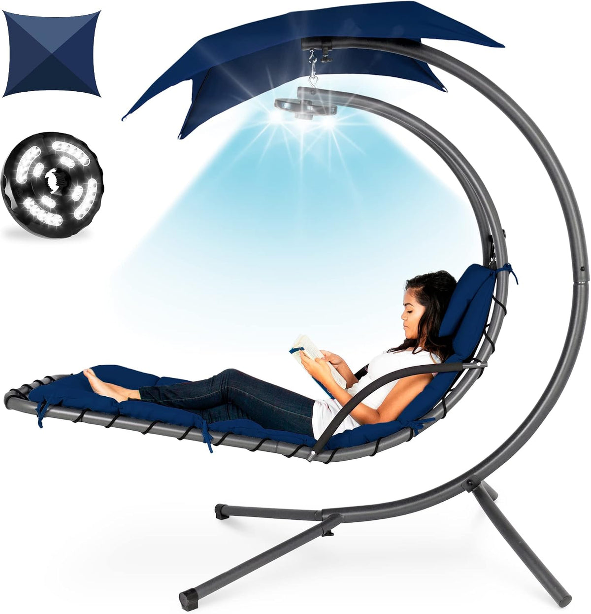 Blue canopy chaise with LED light activated under the canopy, woman reclining and reading.