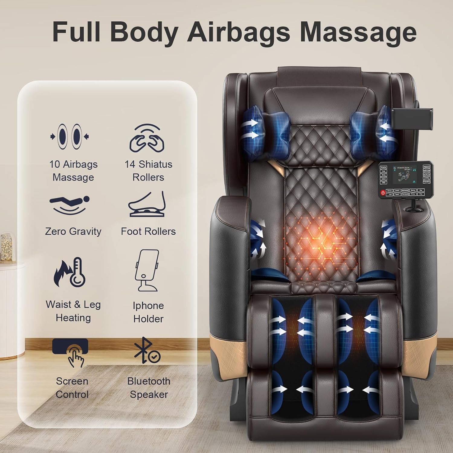 Front-facing brown massage chair with highlighted heating zones, airbags and feature icon panel
