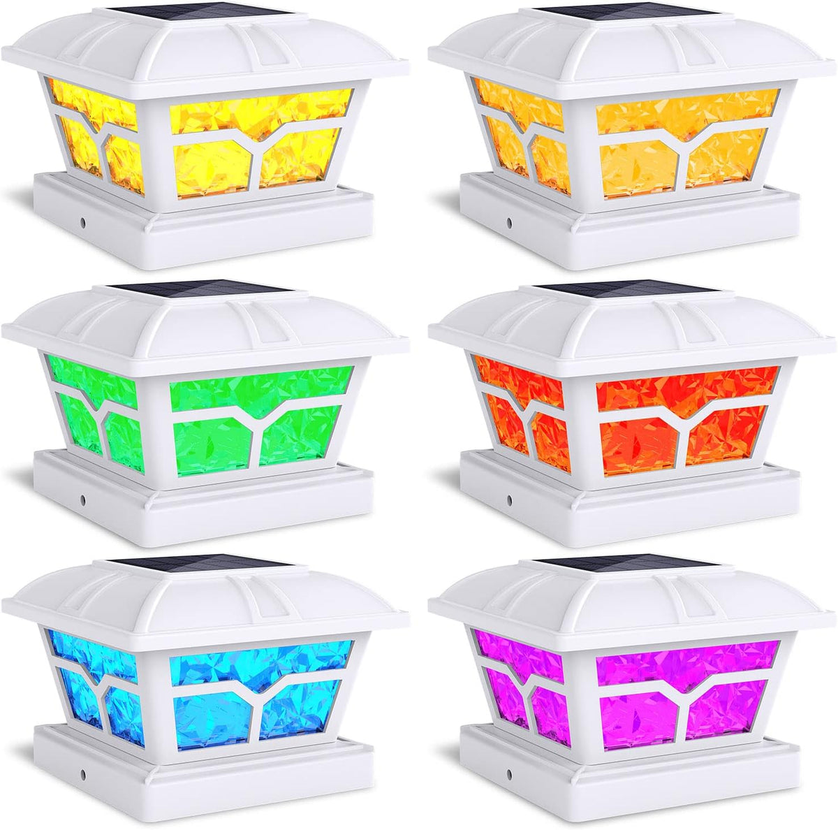Six white post cap lights glowing in yellow, green, red, blue, and pink tones.