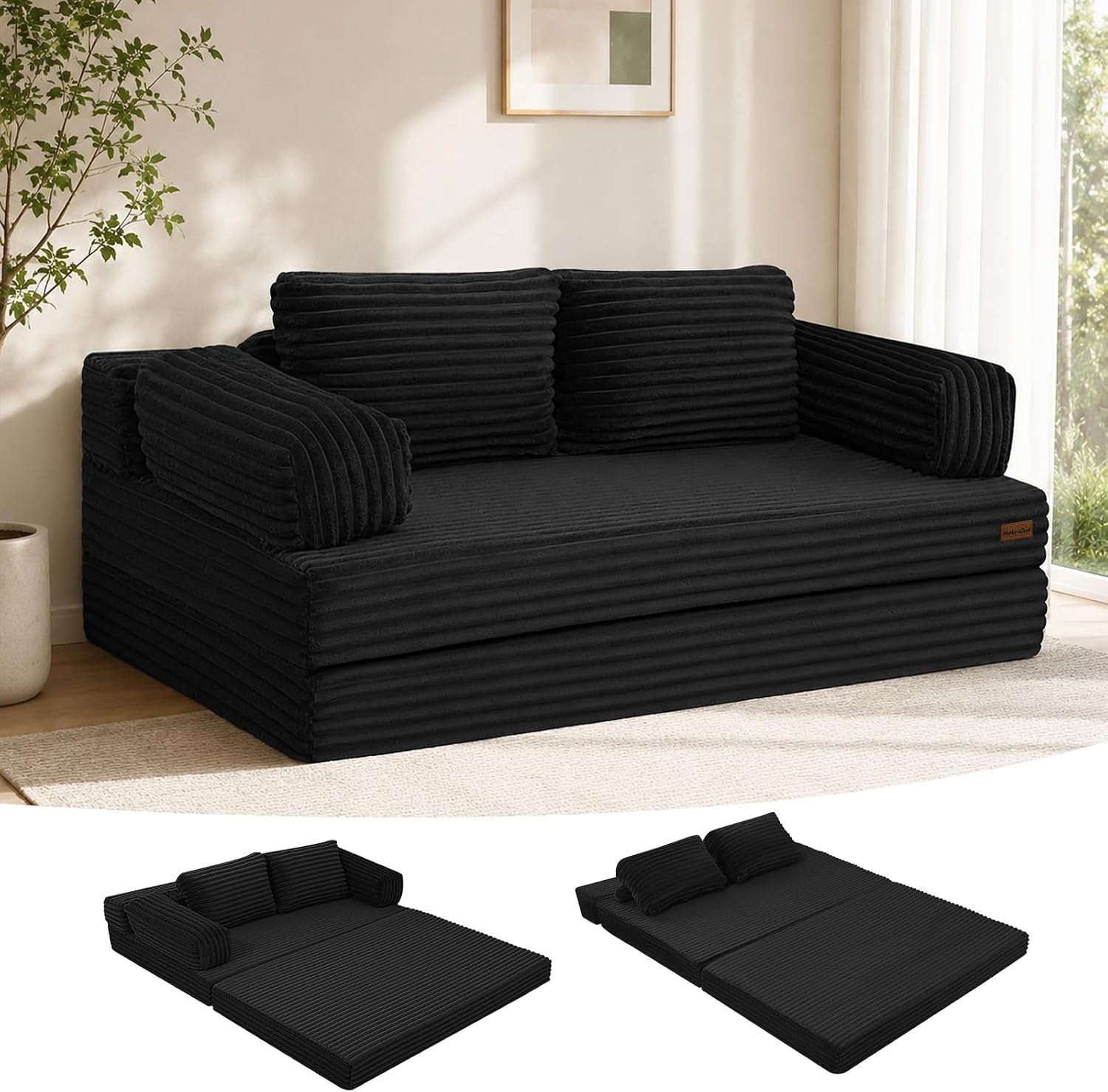 Black corduroy loveseat placed by a window with two thumbnails below showing it converted to a floor bed.