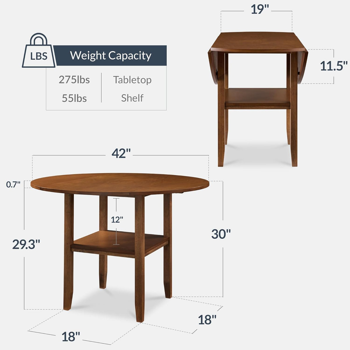 Chestnut dining table shown folded and extended with dimension markings