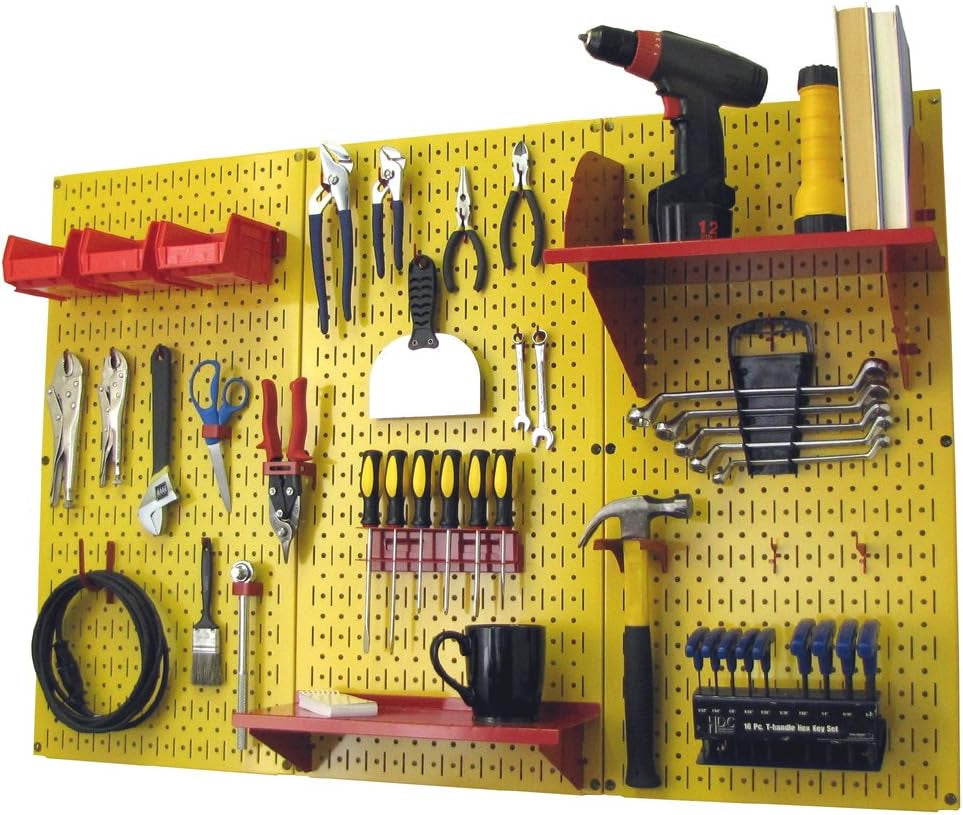 Yellow metal pegboard wall with tools, shelves, bins and hooks neatly arranged