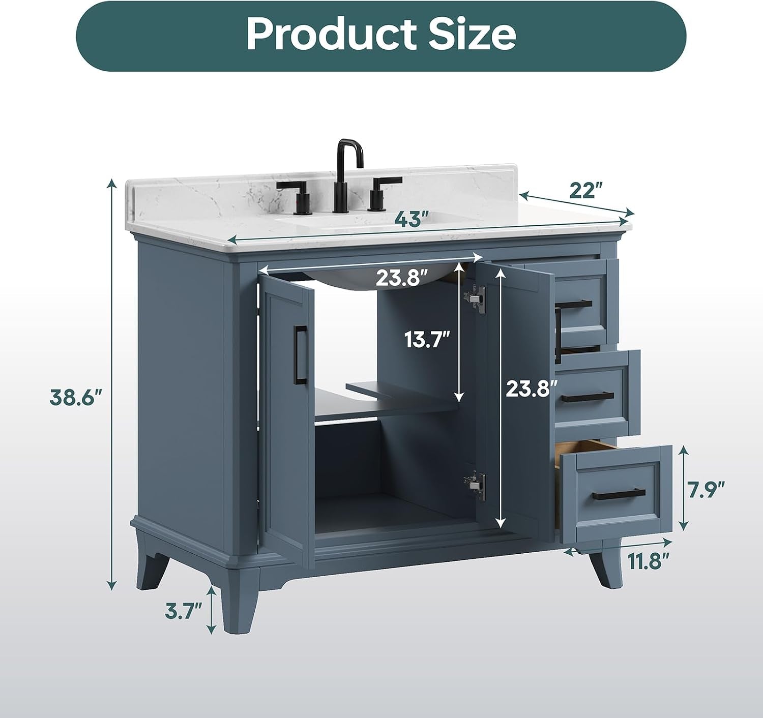 Steel blue vanity with cabinet doors open showing annotated product dimensions and measurements