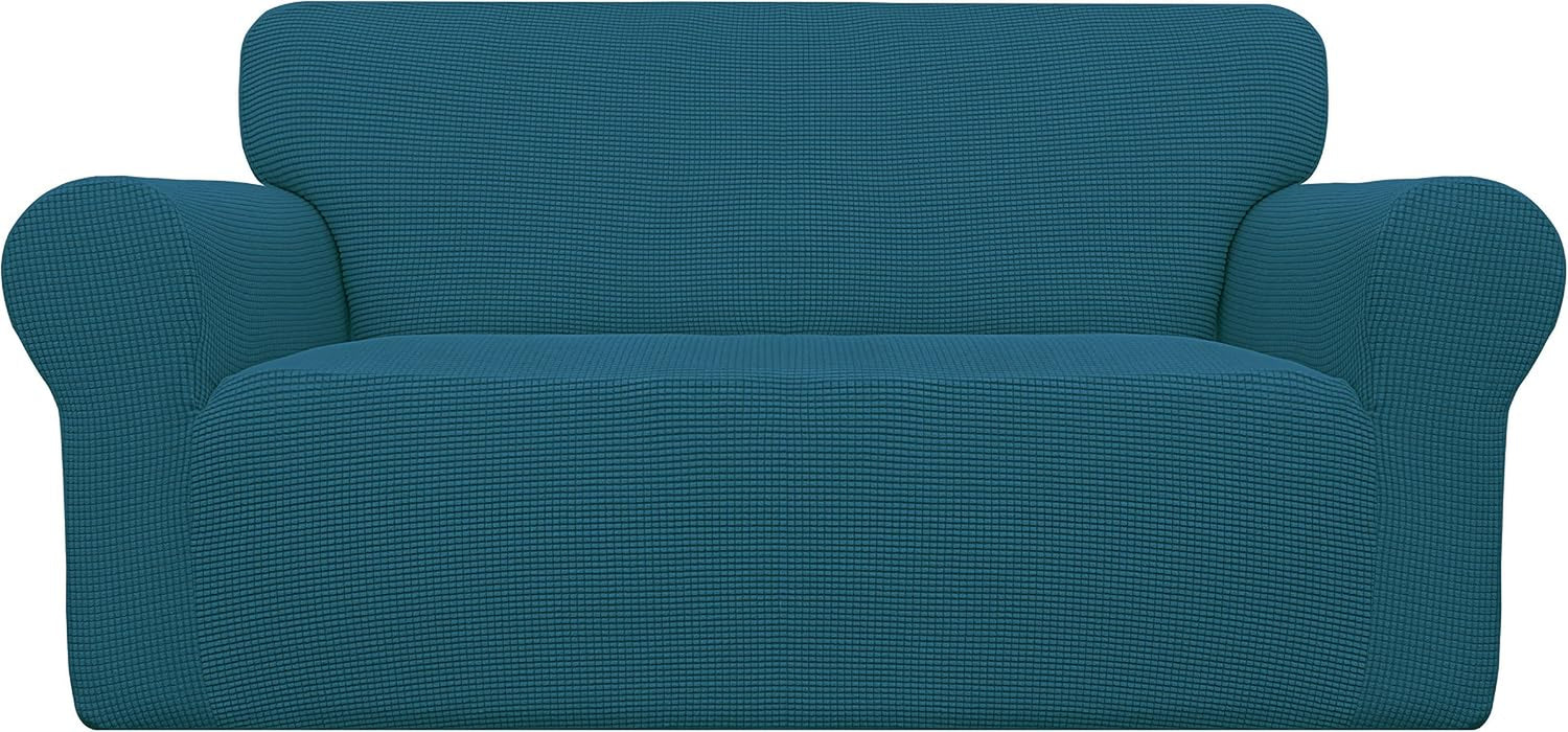 Front view of the same two-cushion loveseat with a teal blue textured slipcover