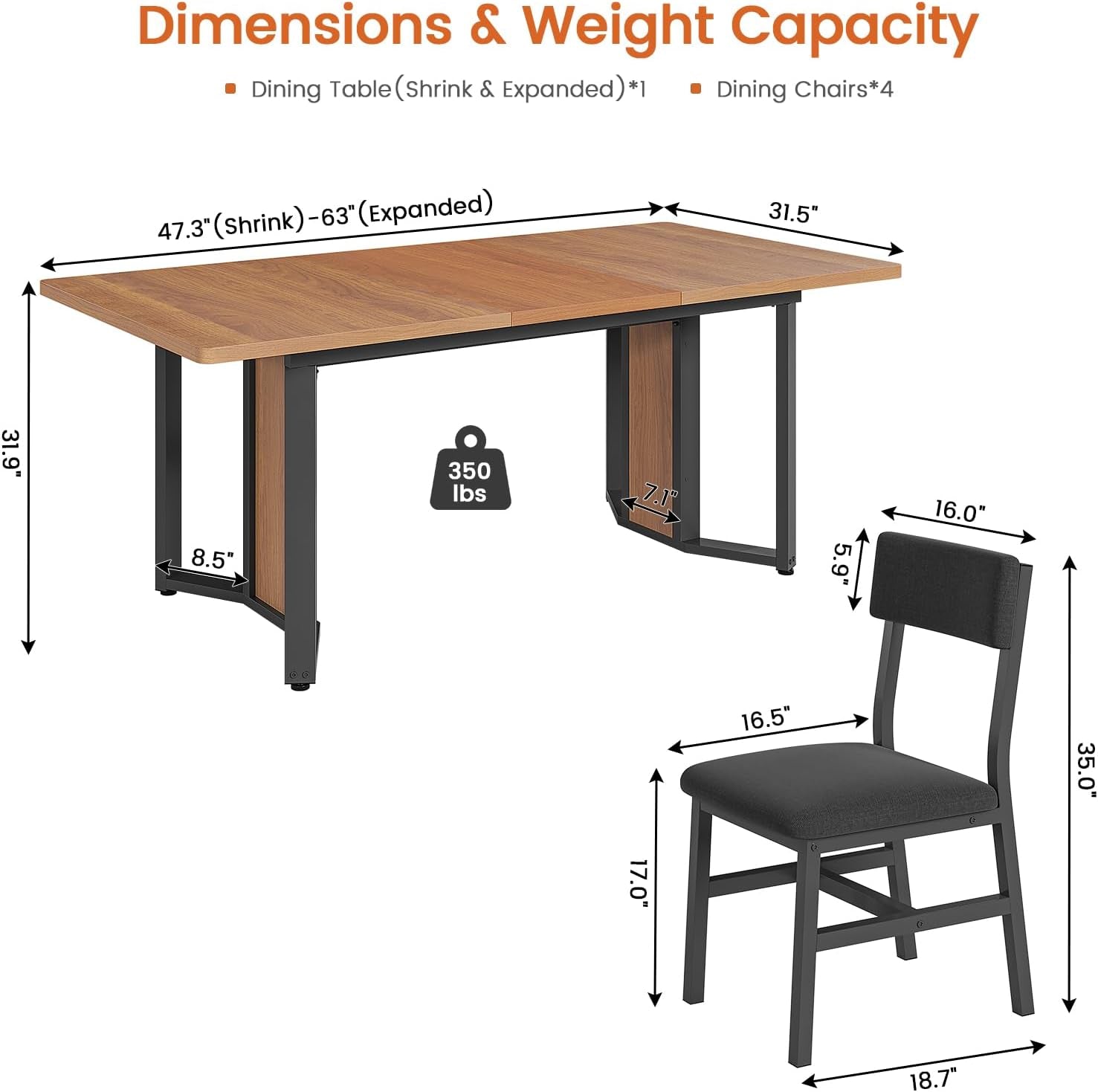 Dimension diagram for the brown table and black chair, including measurements and a 350 lb capacity.