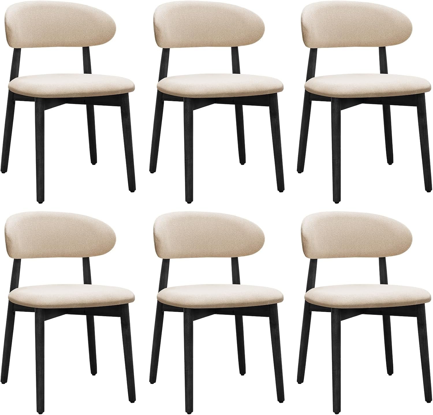 Six beige upholstered dining chairs with curved backs and black legs on white.