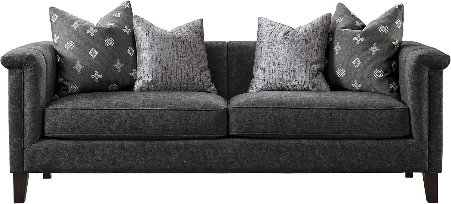Deep grey velvet tuxedo sofa front view with removable seat cushions and decorative pillows