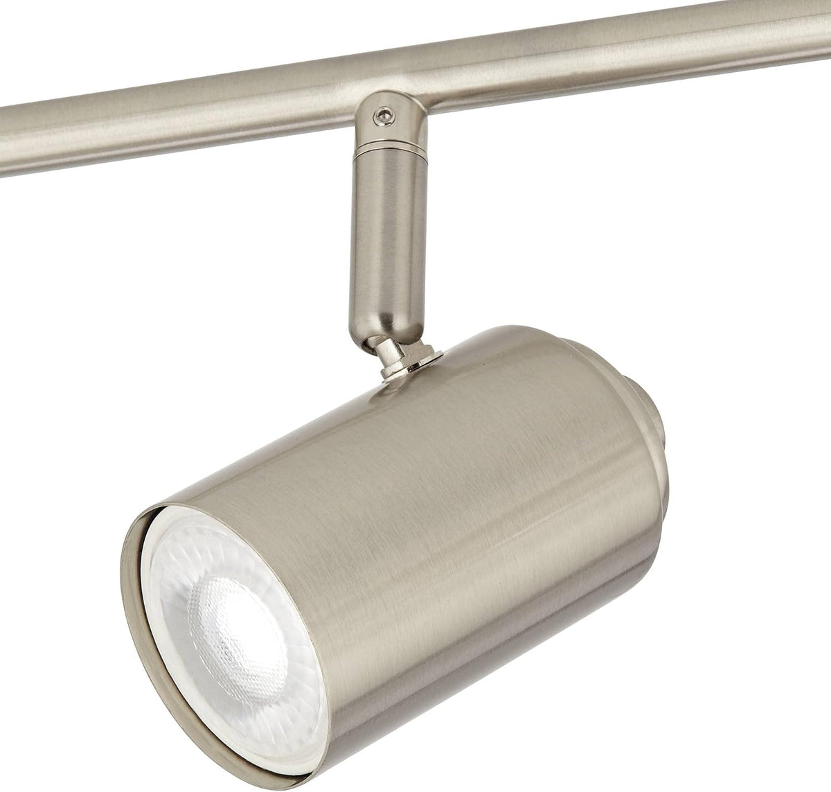 Close-up of brushed nickel cylindrical track light head showing GU10 lens and swivel joint