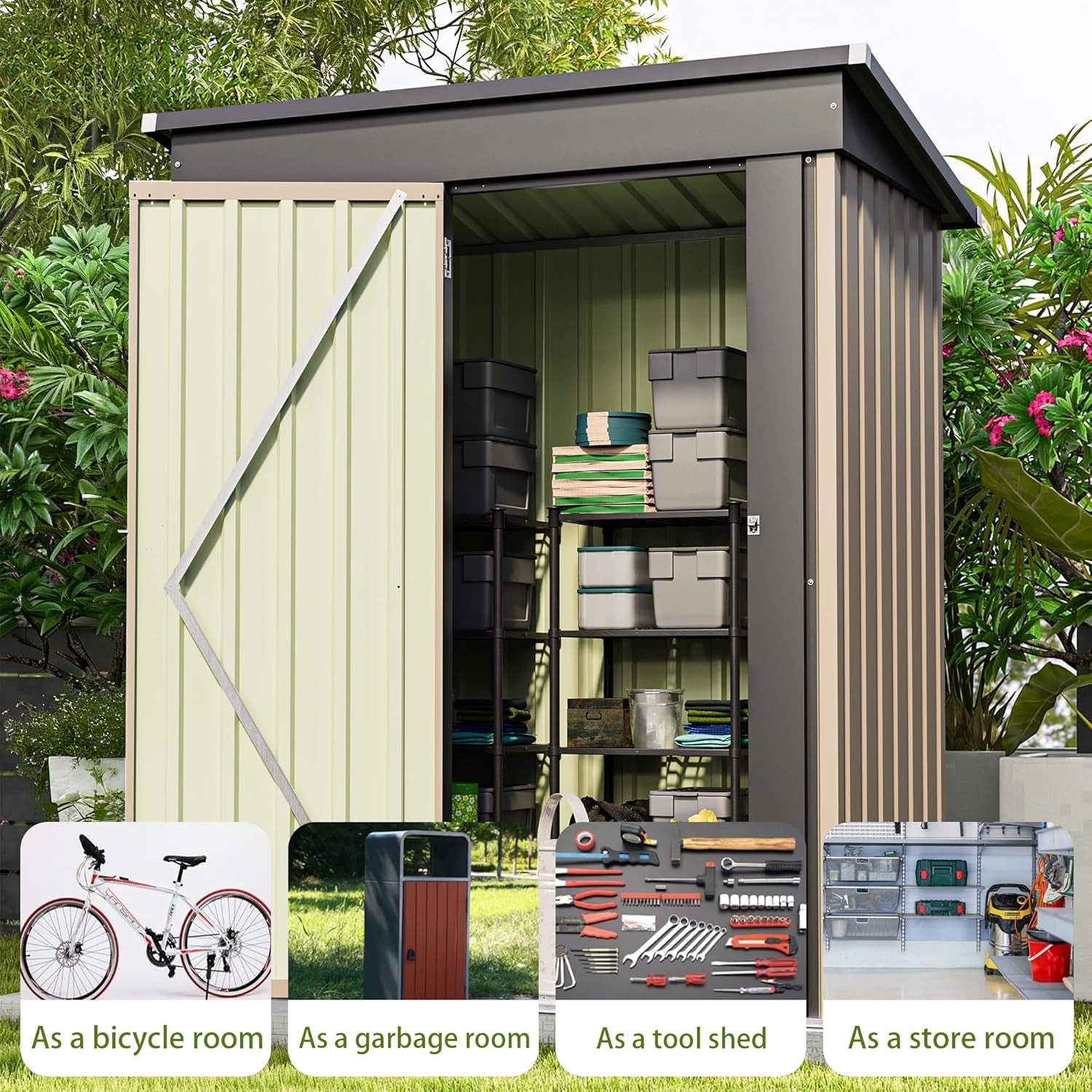 Open shed showing interior metal shelving filled with stacked bins and supplies; four small icons along the bottom suggest