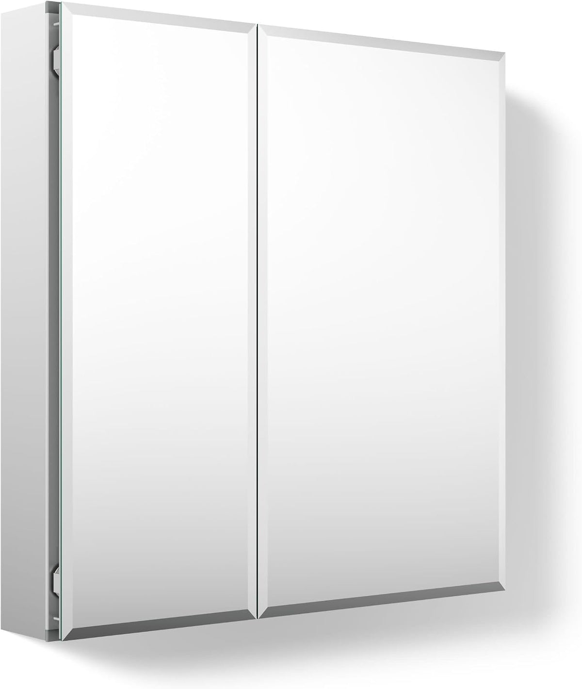 Three-quarter view showing beveled mirror edges and a narrow side reveal that exposes the cabinet hinge channel.