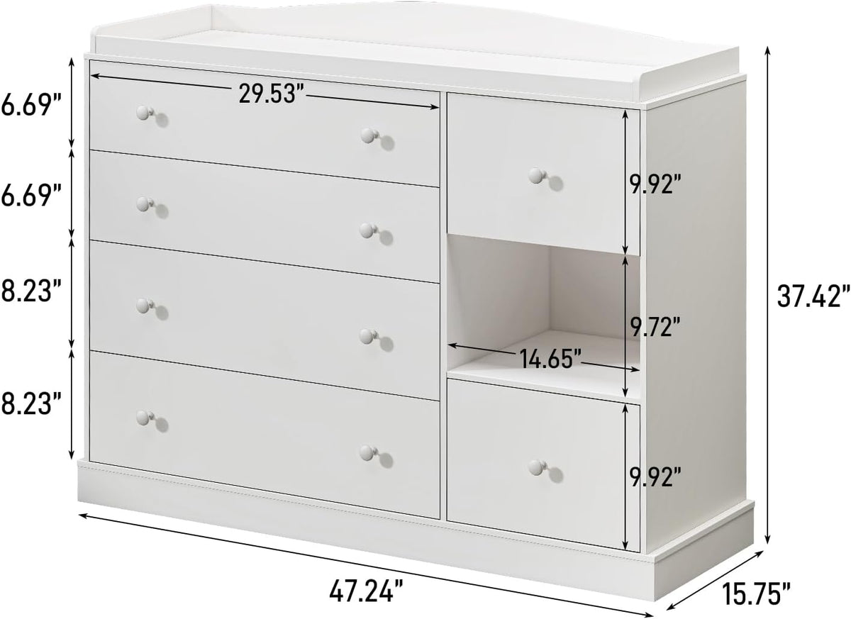 White dresser diagram with printed dimensions for width, height and drawer/open-cubby sizes.