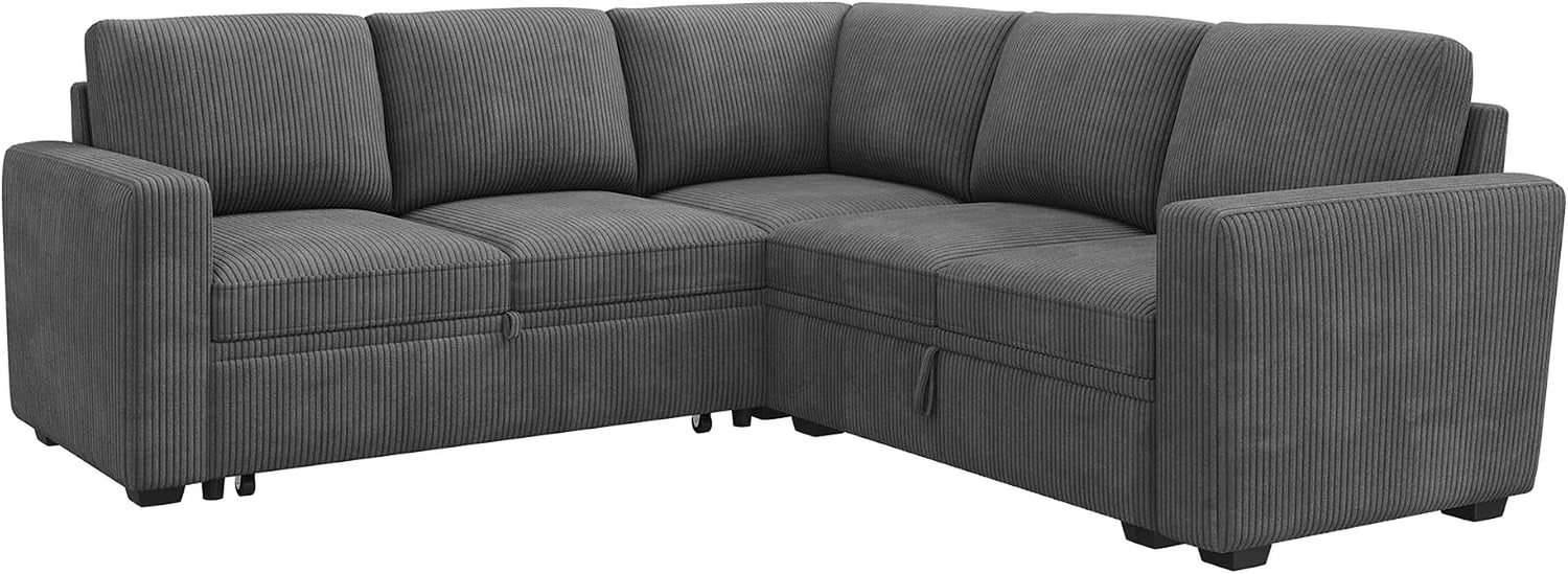 Modular Sectional Sleeper Sofa with Pull Out Bed, Corduroy L Shaped Couch with Storage Seats, Convertible Sectional Couches for Living Room, Dark Grey