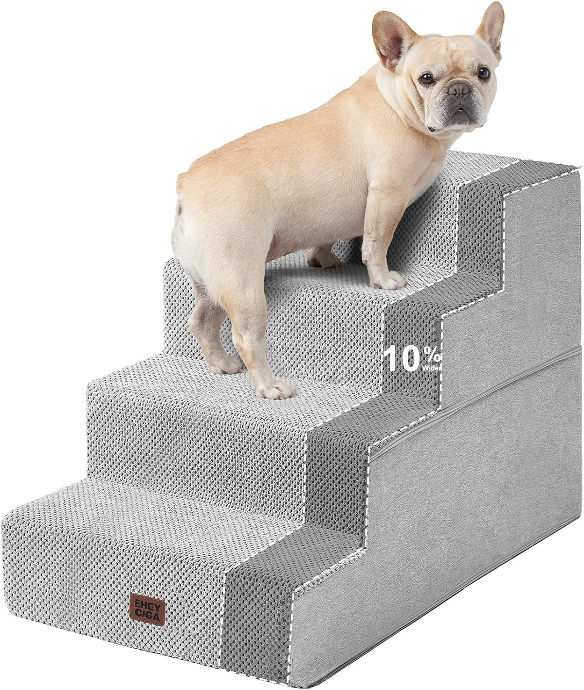 Light gray four-step stairs with a dotted outline highlighting a wider top step area and a dog standing above it.