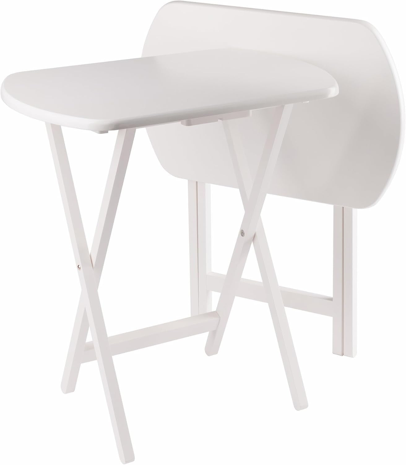 Close three-quarter view of a white foldable snack table partially folded beside a folded table back.