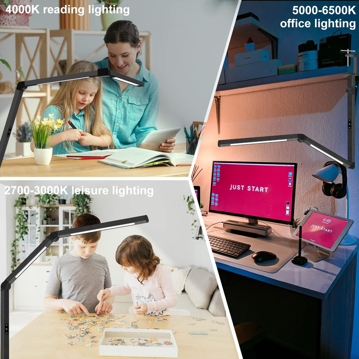 Collage of the lamp in multiple scenes demonstrating four color temperatures and five brightness settings