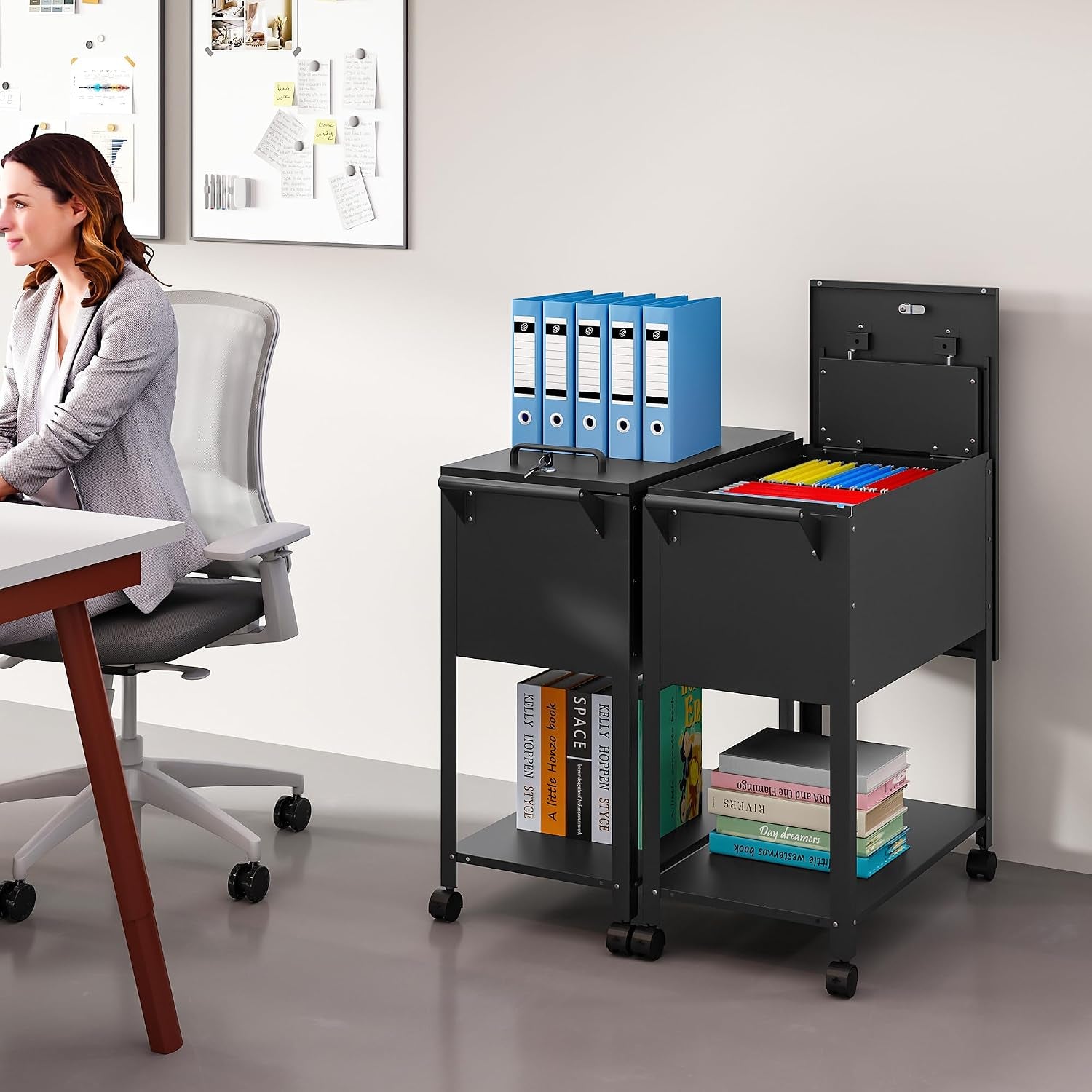 Two black rolling file carts side-by-side in an office scene with one lid open showing hanging files and lower shelves