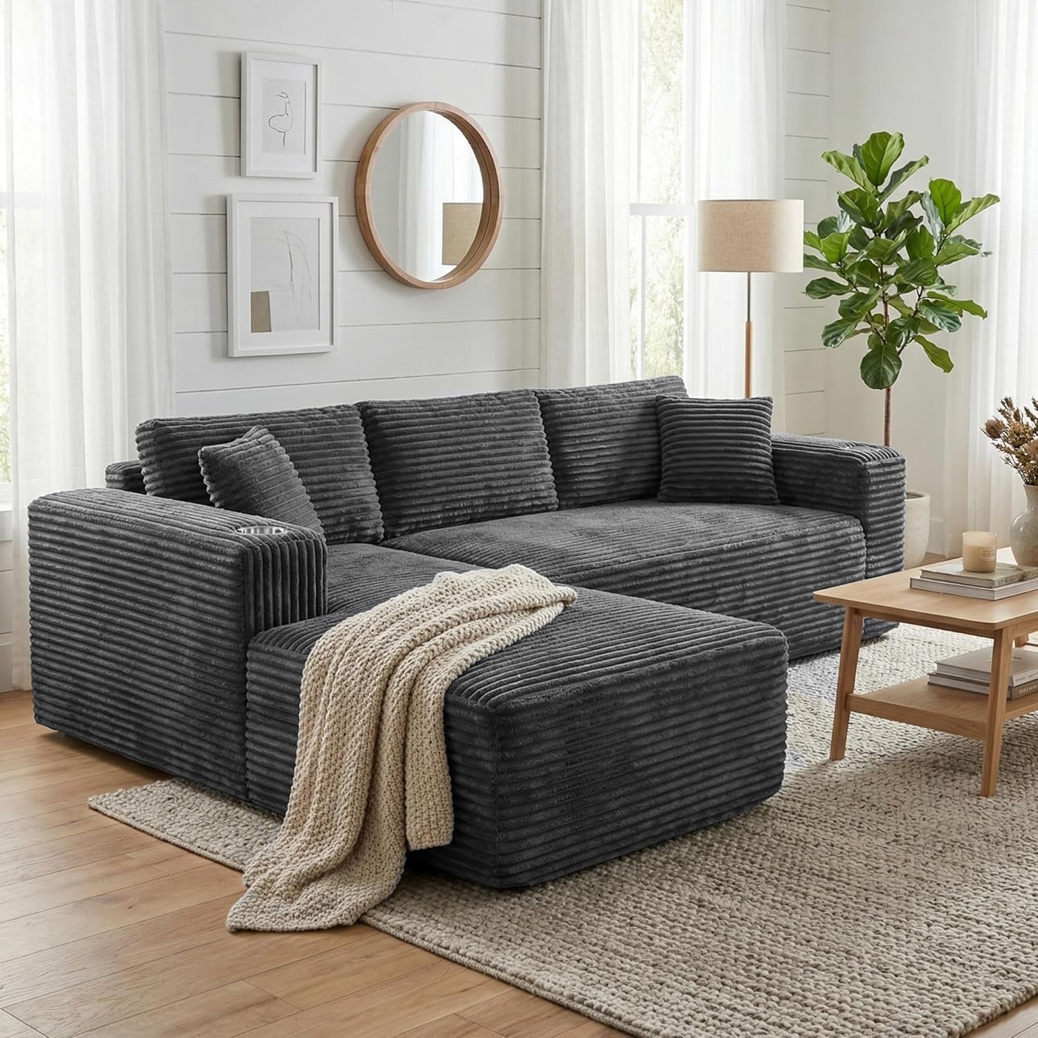 103" Boneless Couches for Living Room with 2 Cup Holders,L Shaped Modular Sectional Sofa Set,No Assembly Needed Plush Corduroy Living Room Set,Dark Gray