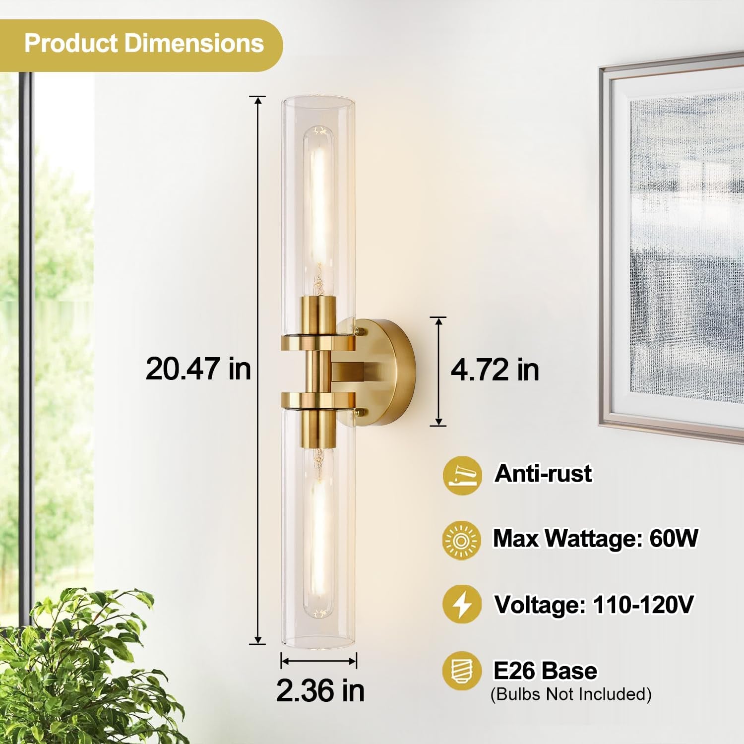 Single brushed-gold wall sconce with dimension callouts and icons on a white wall.