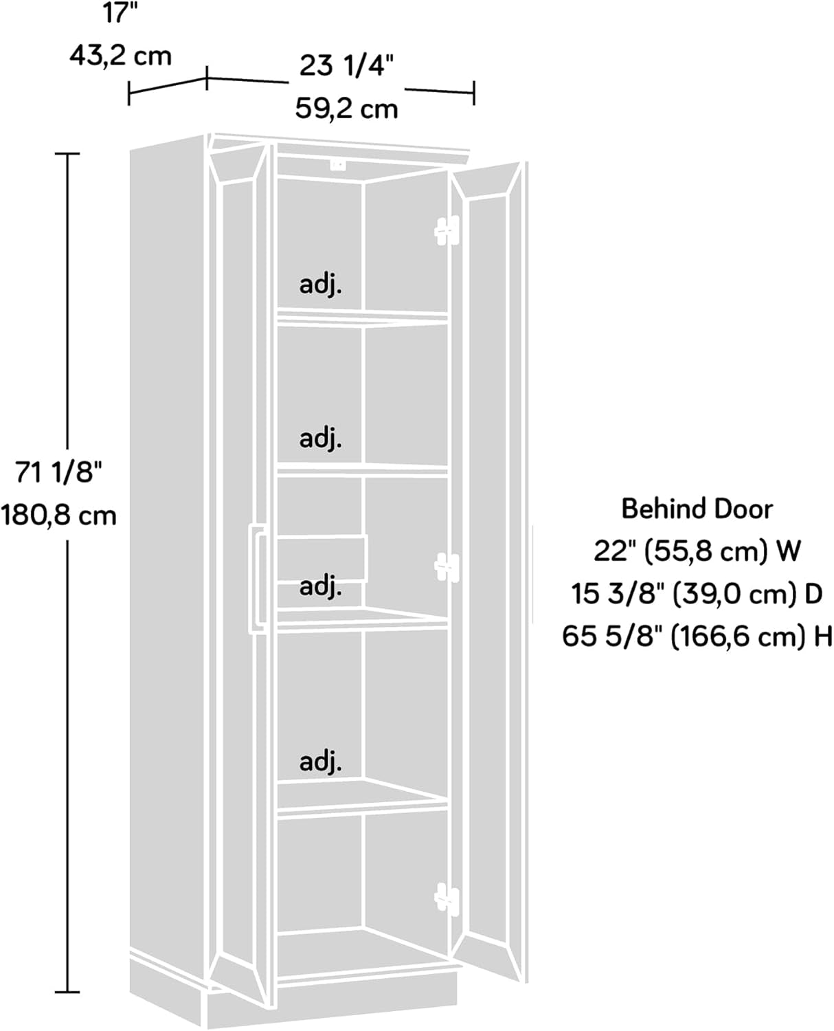 Line drawing diagram showing cabinet dimensions and adjustable shelf positions with height and depth measurements.