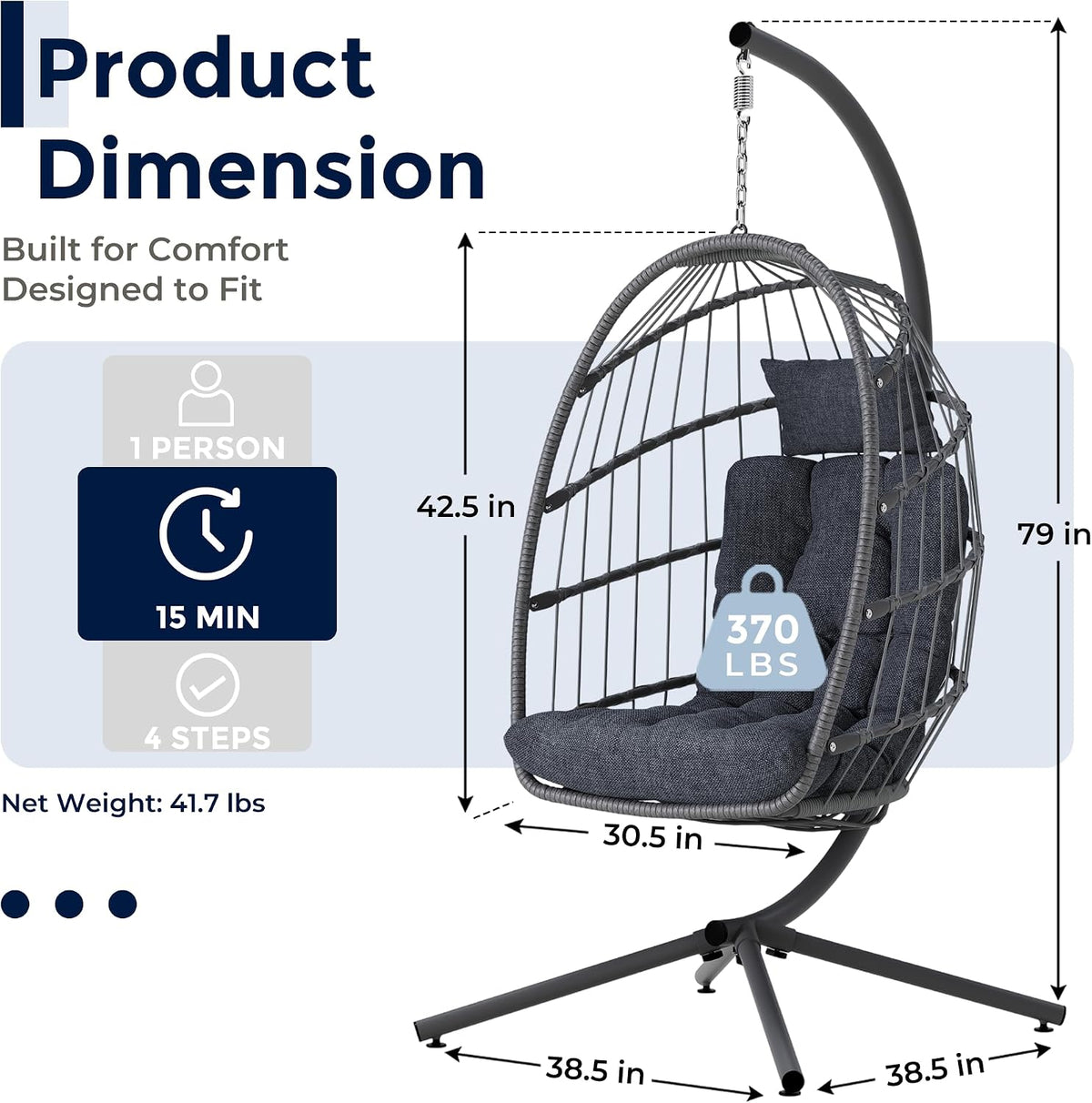 Graphic of the hanging chair with measurement overlays showing seat height and base footprint dimensions