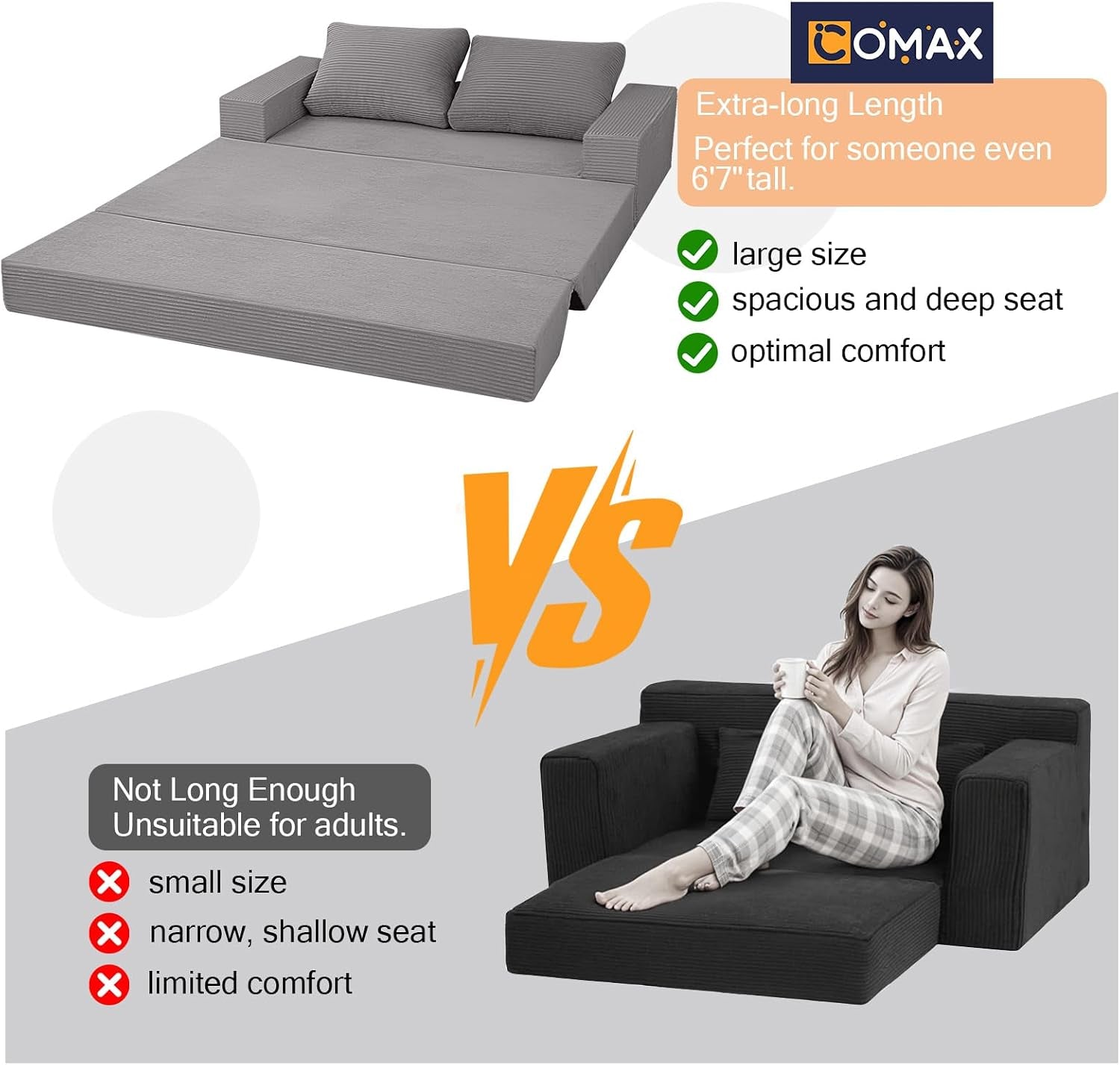 Grey sofa fully unfolded into a flat sleeper surface shown from above at an angle