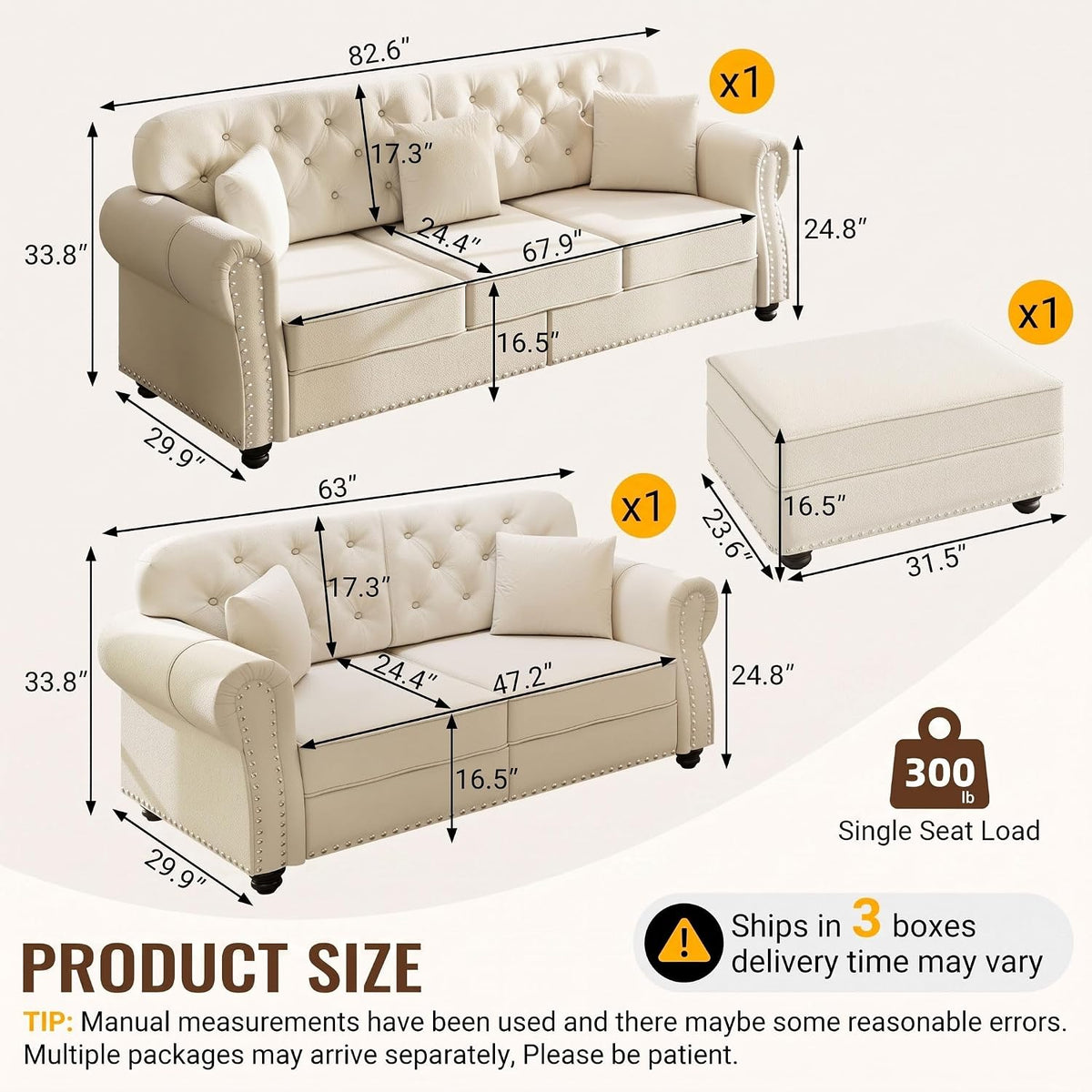 Illustrated product diagram showing sofa and ottoman measurements and seating layout for multiple configurations
