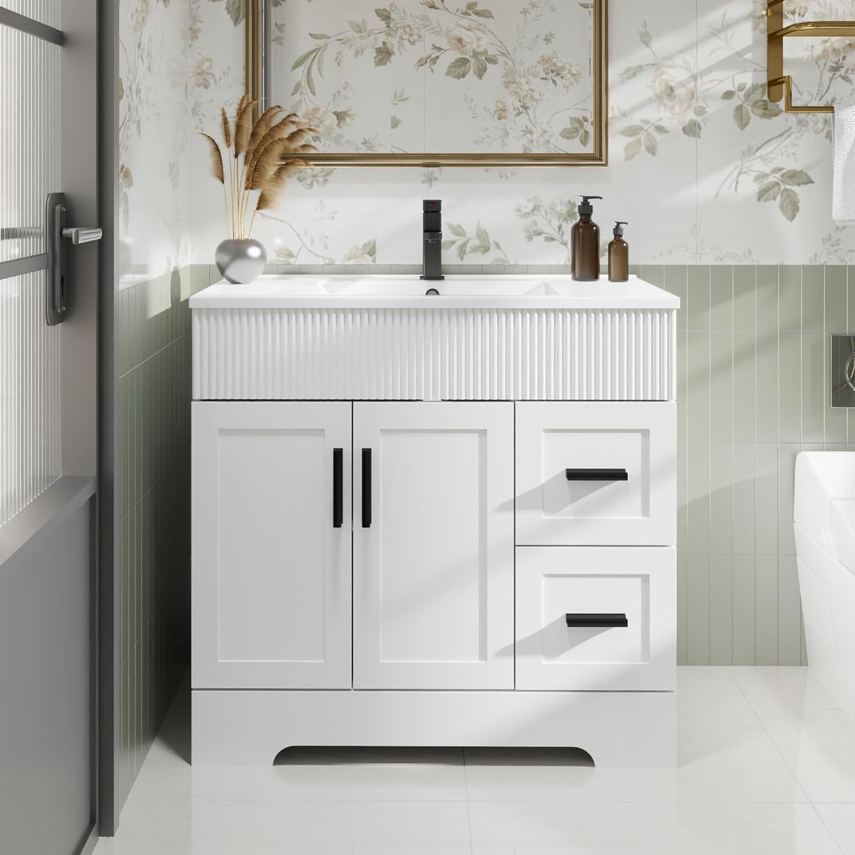 Front view of a white bathroom vanity with fluted top panel and undermount sink