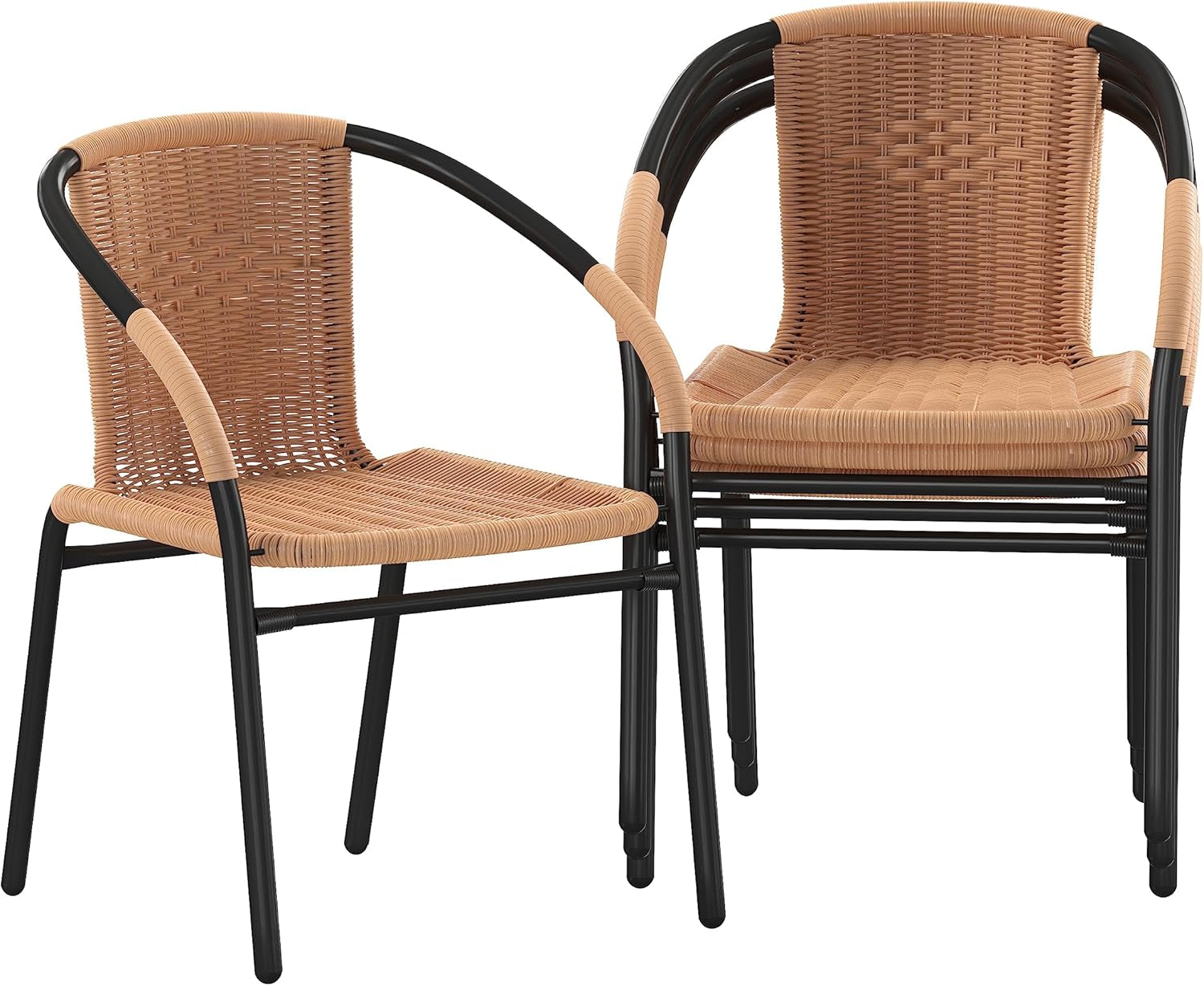 Two tan rattan dining chairs stacked, showing woven seats, curved arms and black frames.