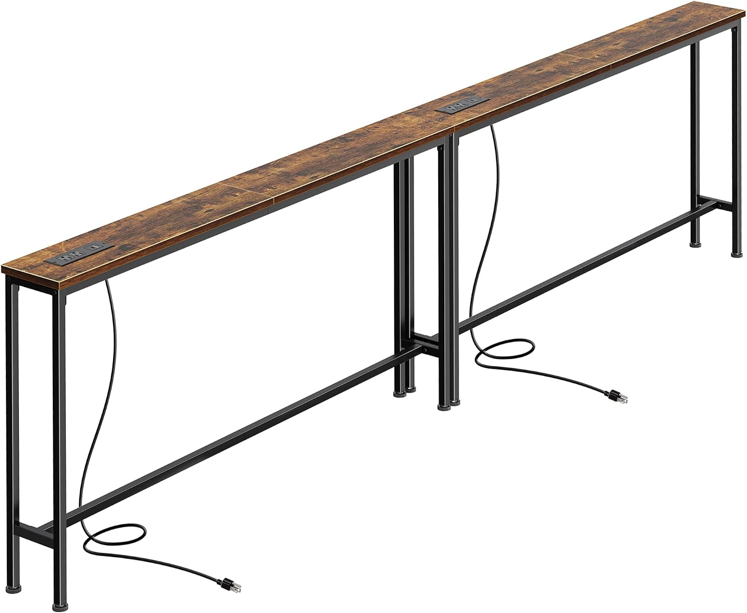 Paired narrow console tables with dark brown wood-look tops and black frames, cords coiled on floor.