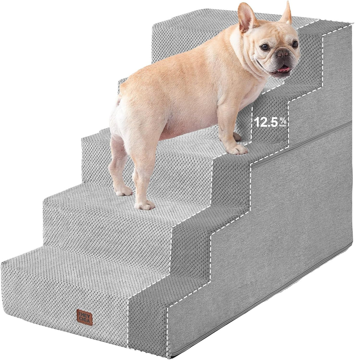 Dog on light-gray four-step stairs with white dashed outline highlighting stair profile from side