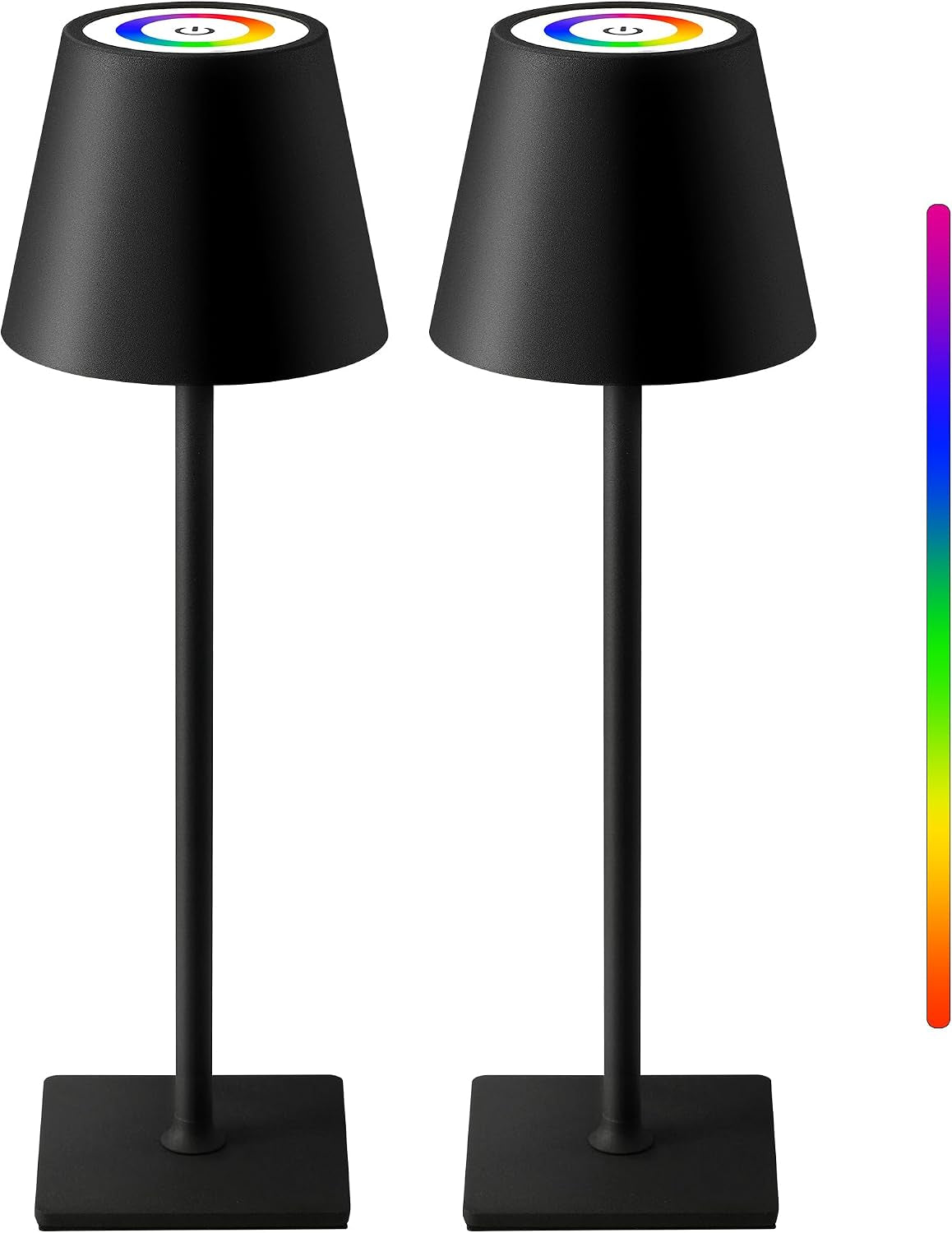 Pair of black lamps with rainbow color strip at the right edge of the image